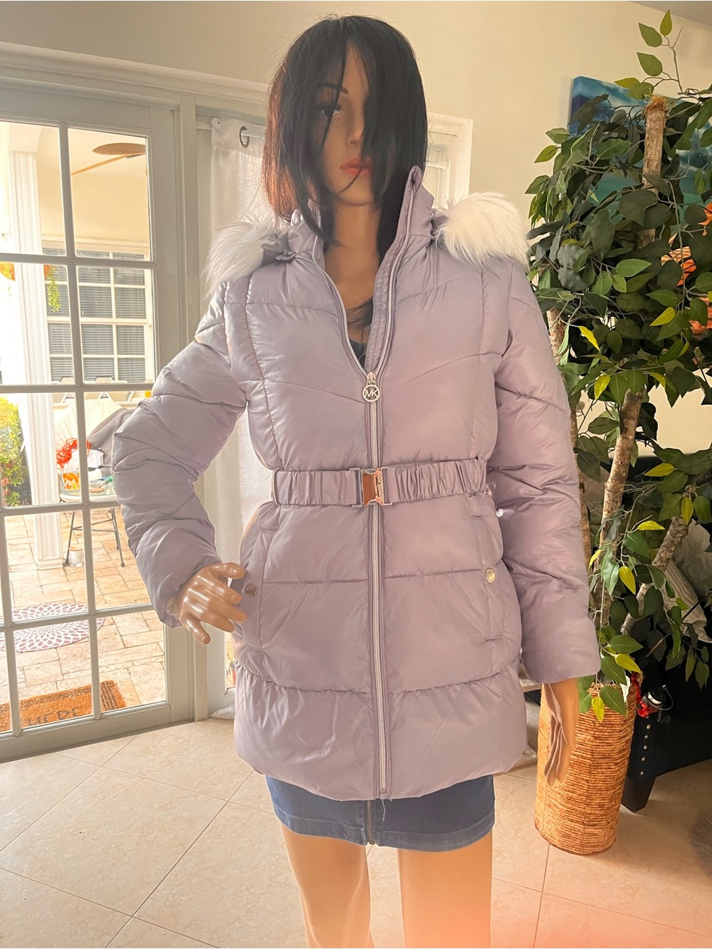 MICHAEL KORS Light Lavender Puffer Coat with Faux Fur Hood BG16or woman xs